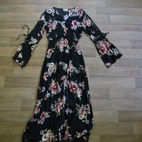 Black Wrap Floral Coldshoulder Bellsleeve Maxi Dress Side Slit Women Size Small - Picture 6 of 11